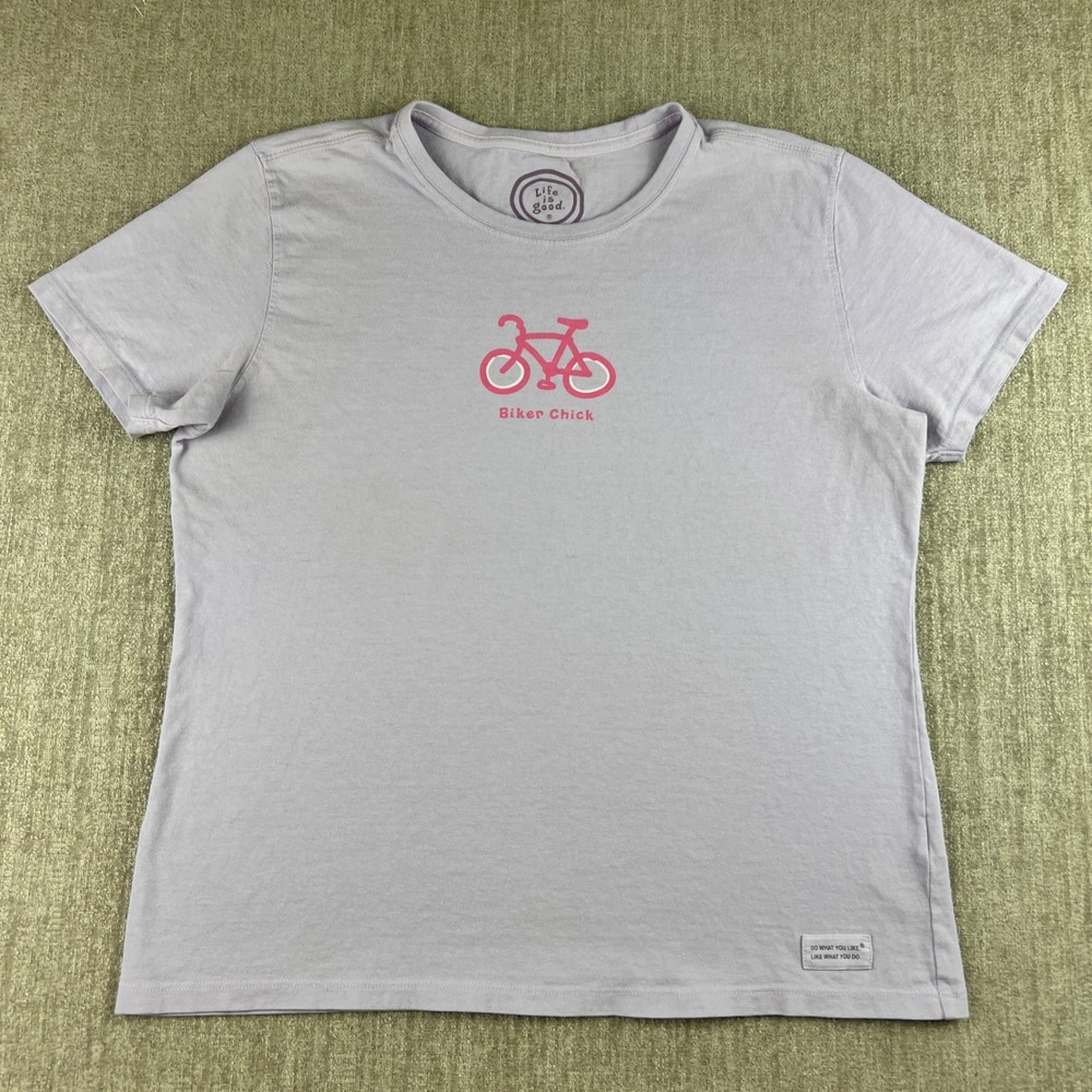 Life is Good Graphic‎ T-Shirt Women S Purple Biker Chick Bicycle Relaxed Fit Tee